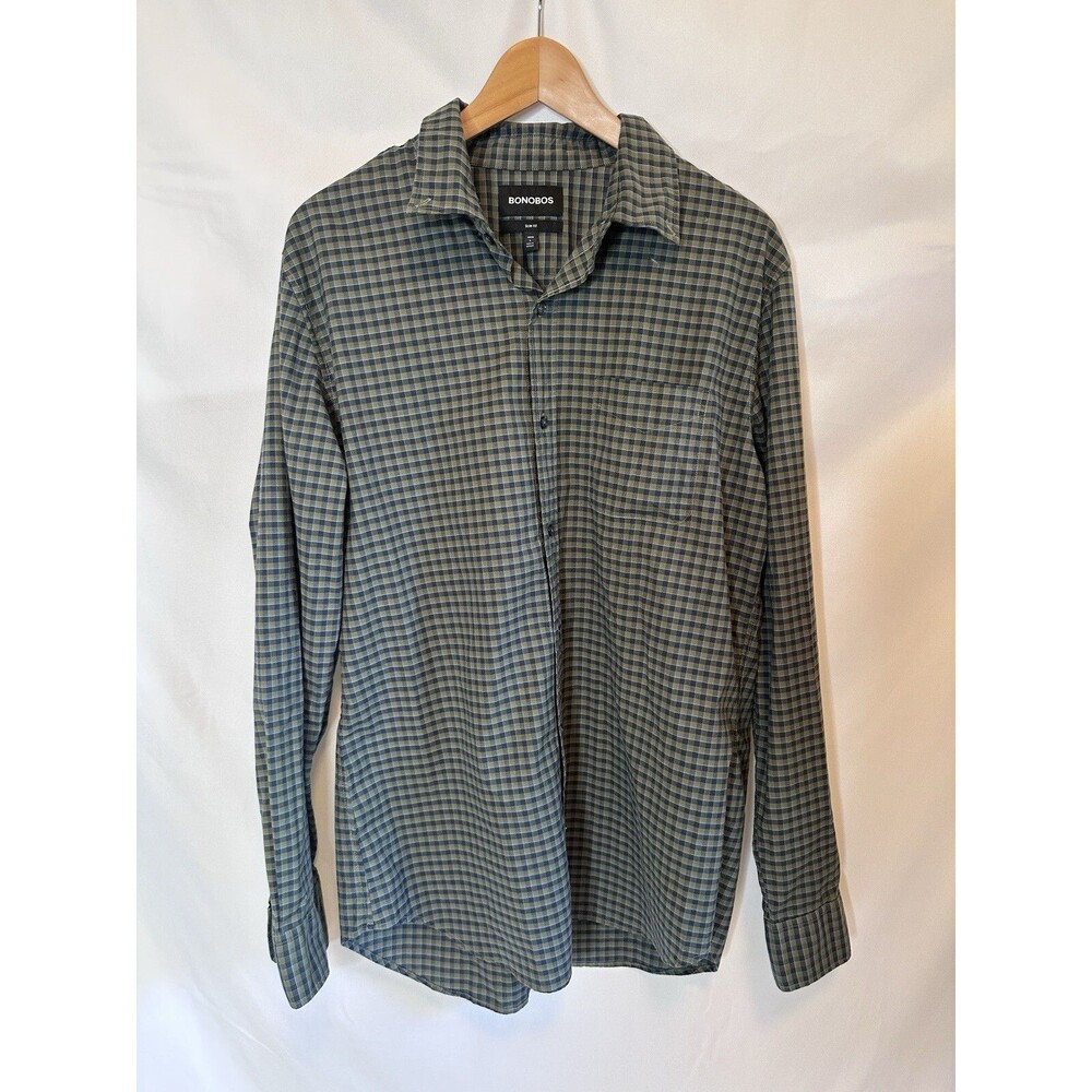 BONOBOS Shirt Mens L Button Plaid Gingham Blue Naby Slim Stretch Excellent Cond